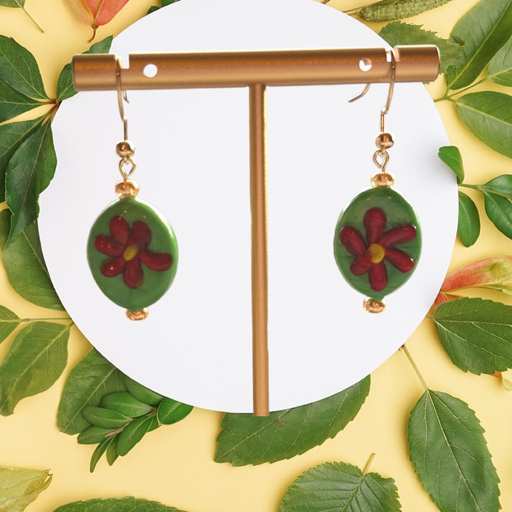 Floral‎ Green and Red Earrings